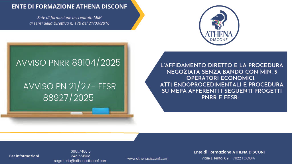 PNRR e FESR, al via il corso Athena Disconf su affidamento diretto, procedura negoziata, atti endoprocedimentali e MePA.